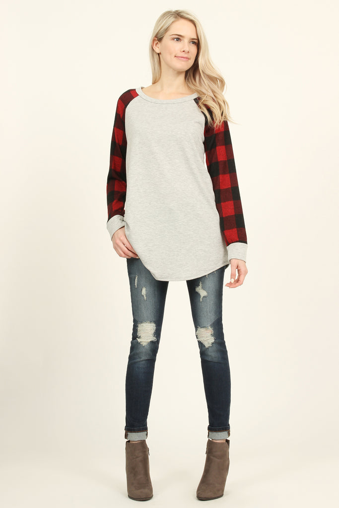French Terry Plaid Sleeve Knit Tunic
