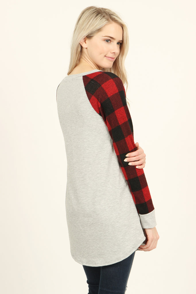 French Terry Plaid Sleeve Knit Tunic