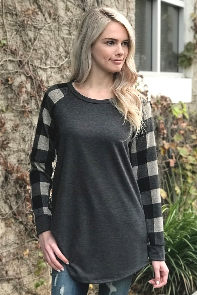 French Terry Plaid Sleeve Knit Tunic