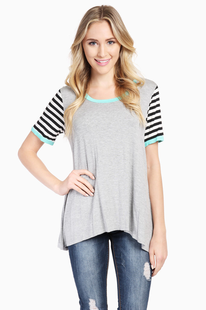 Striped Short Sleeve Swing Tee - Riah Fashion