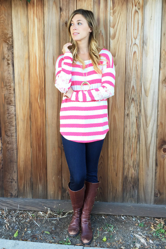 Lace Crochet Elbow Stripe Top-2 Colors! - Riah Fashion