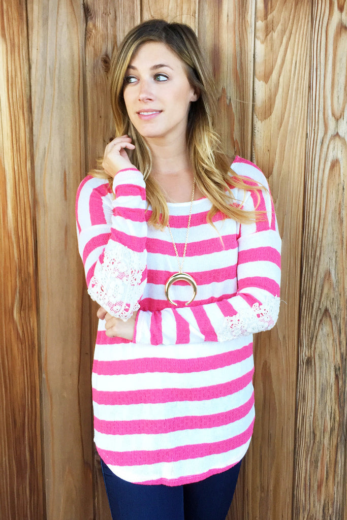 Lace Crochet Elbow Stripe Top-2 Colors! - Riah Fashion