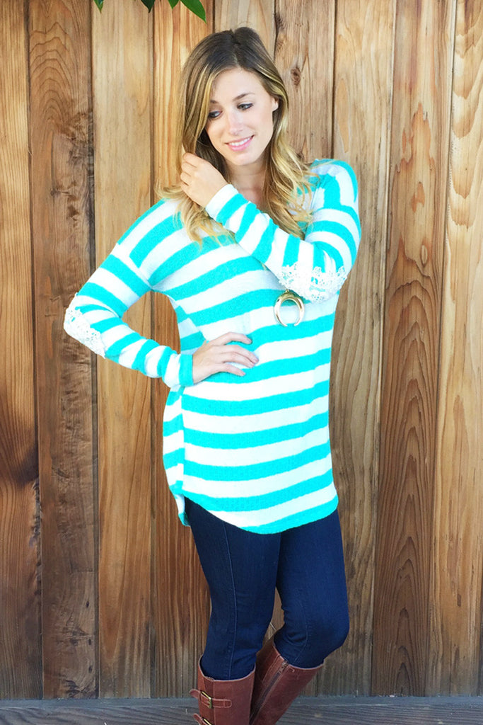 Lace Crochet Elbow Stripe Top-2 Colors! - Riah Fashion