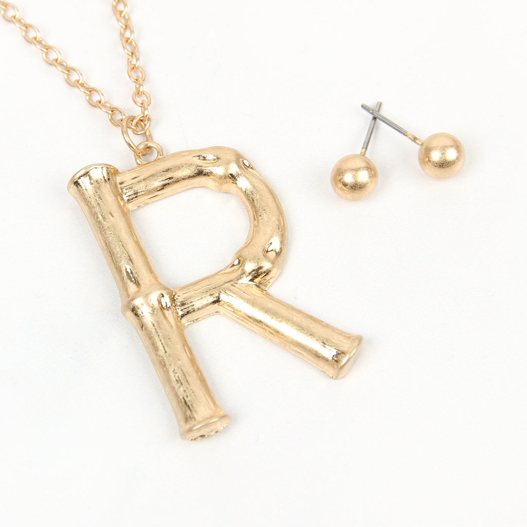 TNE0415 - CAST METAL BAMBOO ALPHABET NECKLACE WITH STUD EARRINGS