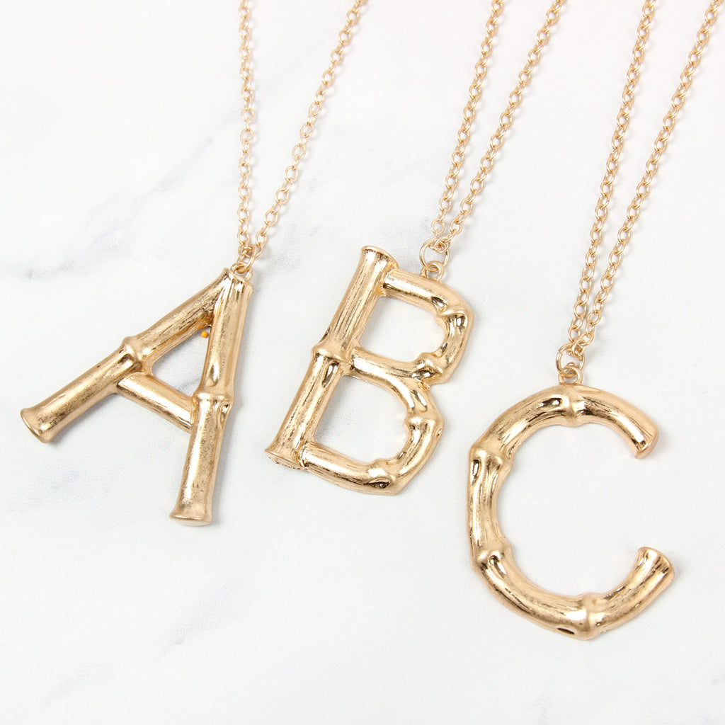 TNE0415 - CAST METAL BAMBOO ALPHABET NECKLACE WITH STUD EARRINGS