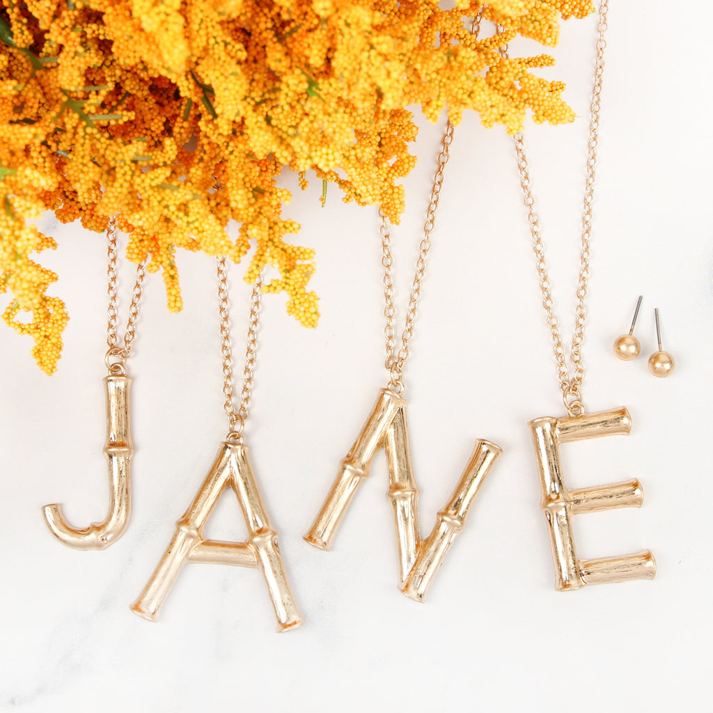 TNE0415 - CAST METAL BAMBOO ALPHABET NECKLACE WITH STUD EARRINGS