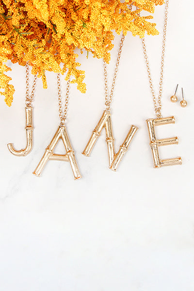 TNE0415 - CAST METAL BAMBOO ALPHABET NECKLACE WITH STUD EARRINGS