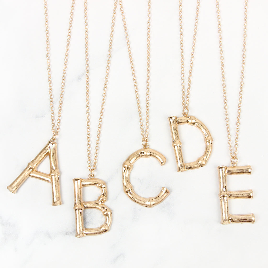TNE0415 - CAST METAL BAMBOO ALPHABET NECKLACE WITH STUD EARRINGS