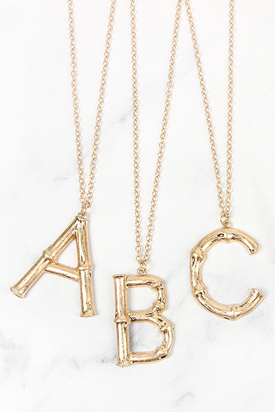 TNE0415 - CAST METAL BAMBOO ALPHABET NECKLACE WITH STUD EARRINGS