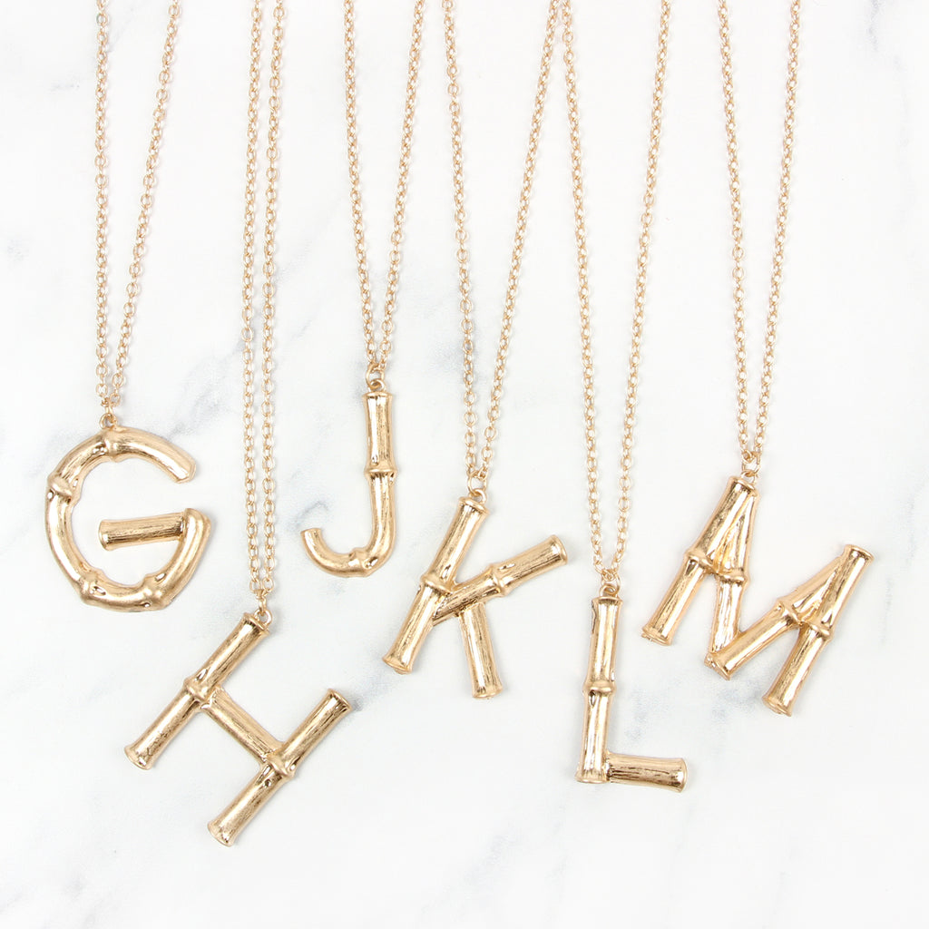 TNE0415 - CAST METAL BAMBOO ALPHABET NECKLACE WITH STUD EARRINGS