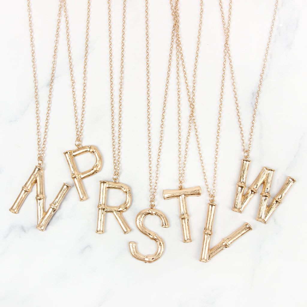 TNE0415 - CAST METAL BAMBOO ALPHABET NECKLACE WITH STUD EARRINGS
