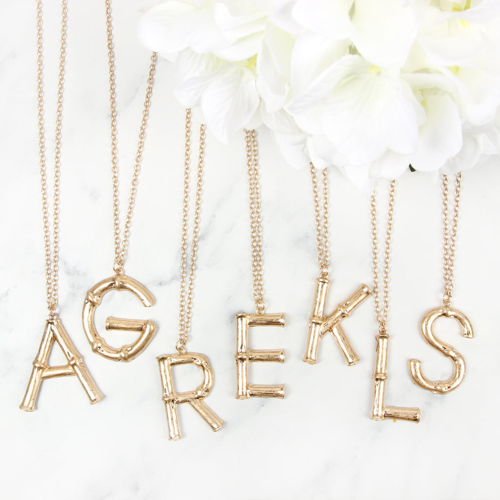 TNE0415 - CAST METAL BAMBOO ALPHABET NECKLACE WITH STUD EARRINGS