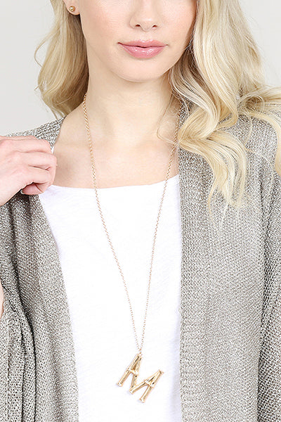 TNE0415 - CAST METAL BAMBOO ALPHABET NECKLACE WITH STUD EARRINGS