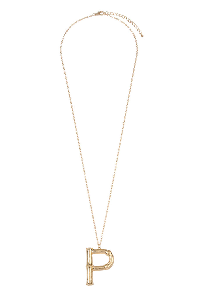 TNE0415 - CAST METAL BAMBOO ALPHABET NECKLACE WITH STUD EARRINGS