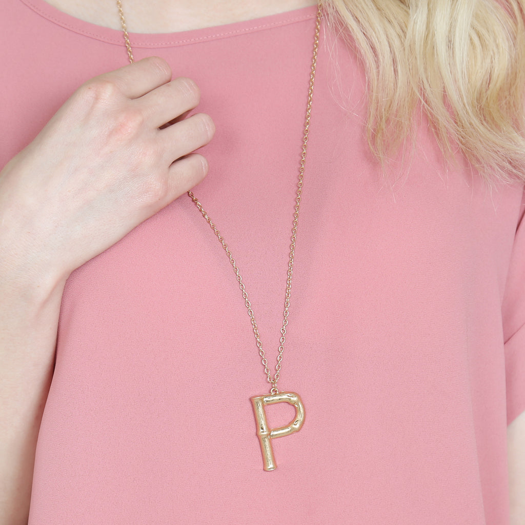 TNE0415 - CAST METAL BAMBOO ALPHABET NECKLACE WITH STUD EARRINGS