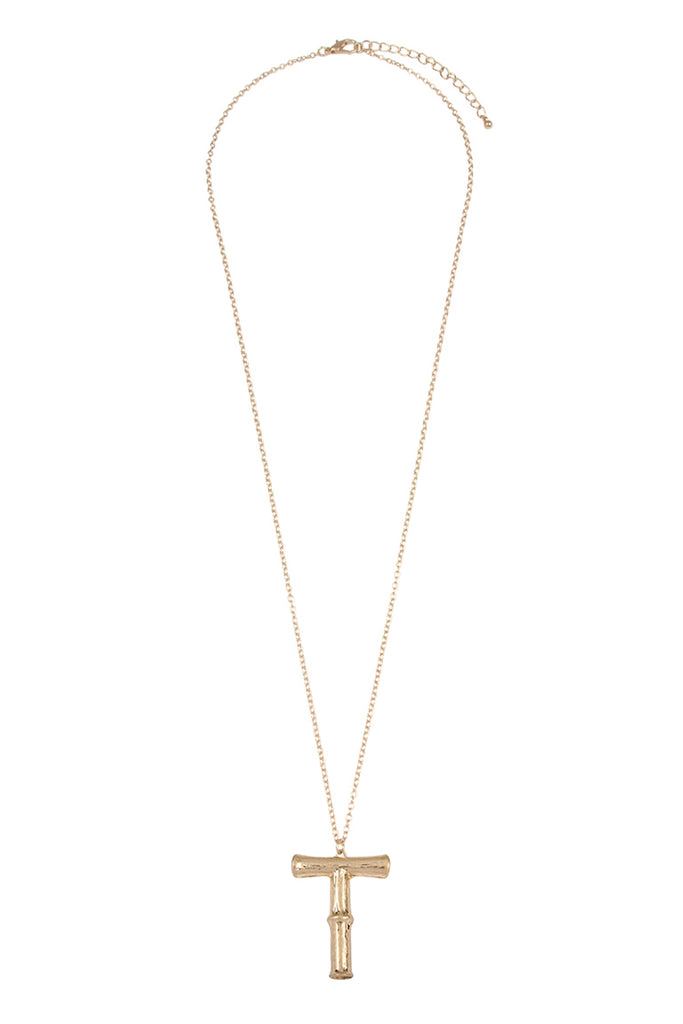 TNE0415 - CAST METAL BAMBOO ALPHABET NECKLACE WITH STUD EARRINGS