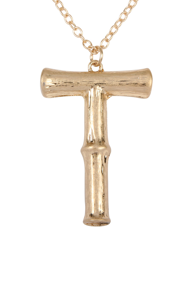 TNE0415 - CAST METAL BAMBOO ALPHABET NECKLACE WITH STUD EARRINGS