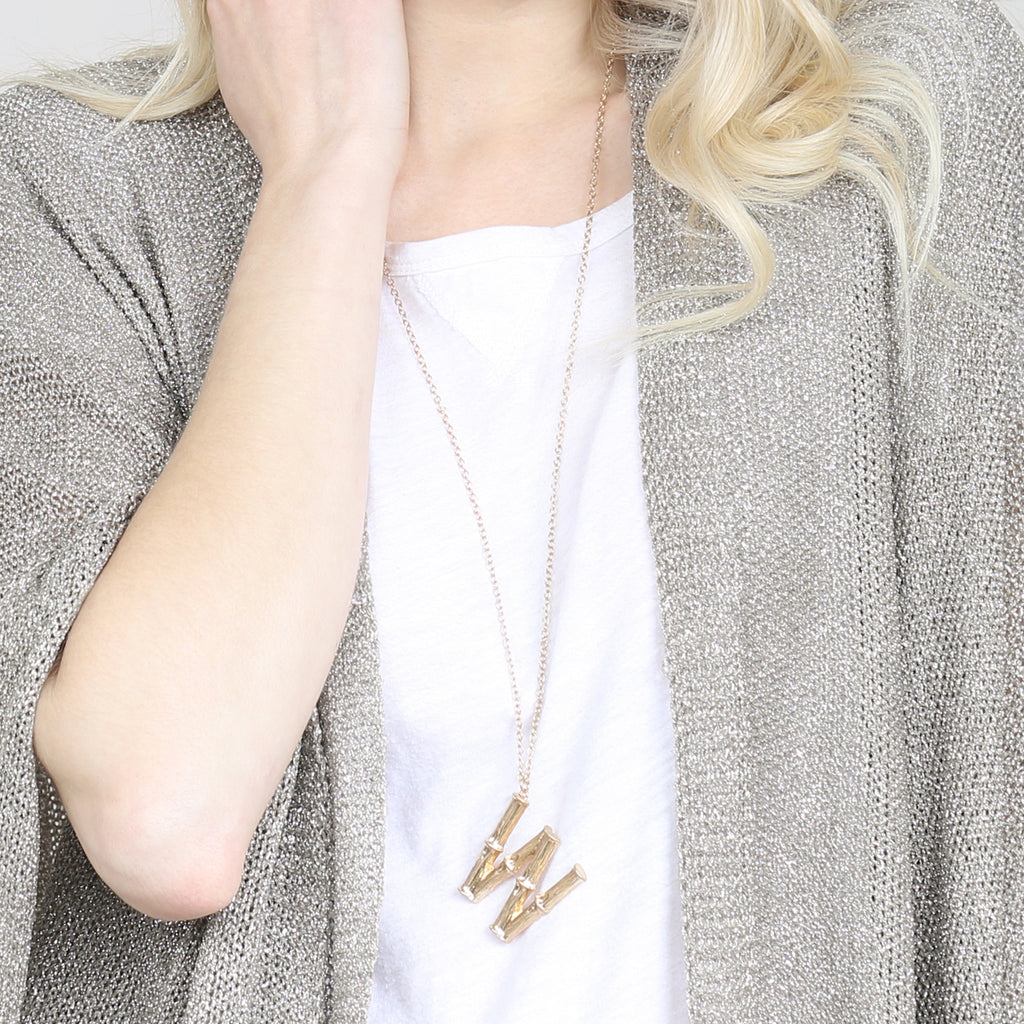 TNE0415 - CAST METAL BAMBOO ALPHABET NECKLACE WITH STUD EARRINGS