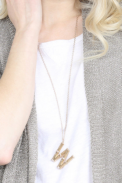 TNE0415 - CAST METAL BAMBOO ALPHABET NECKLACE WITH STUD EARRINGS