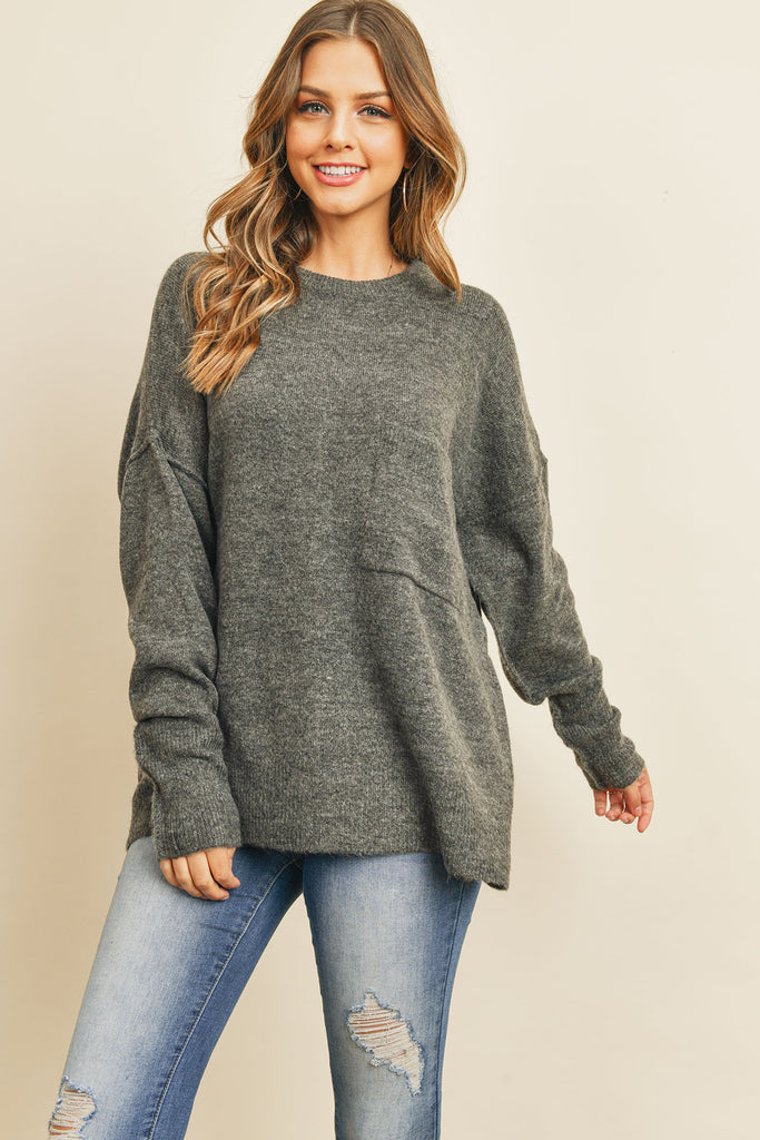 Melange Hi-Low Hem Pocket Sweater