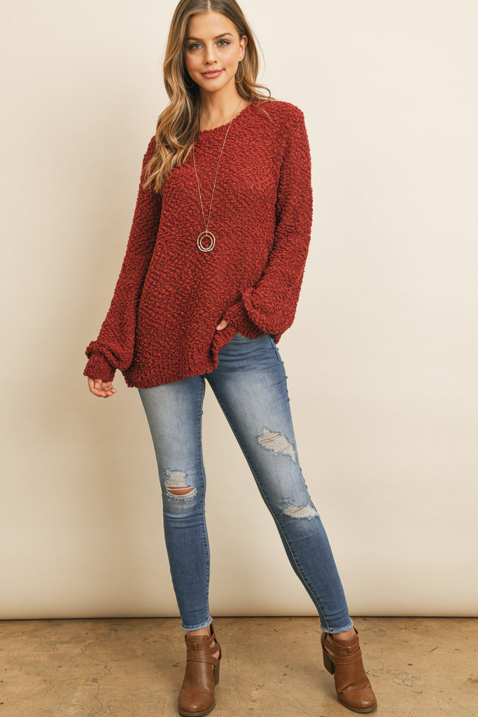 Popcorn Balloon Sleeve Pullover Sweater