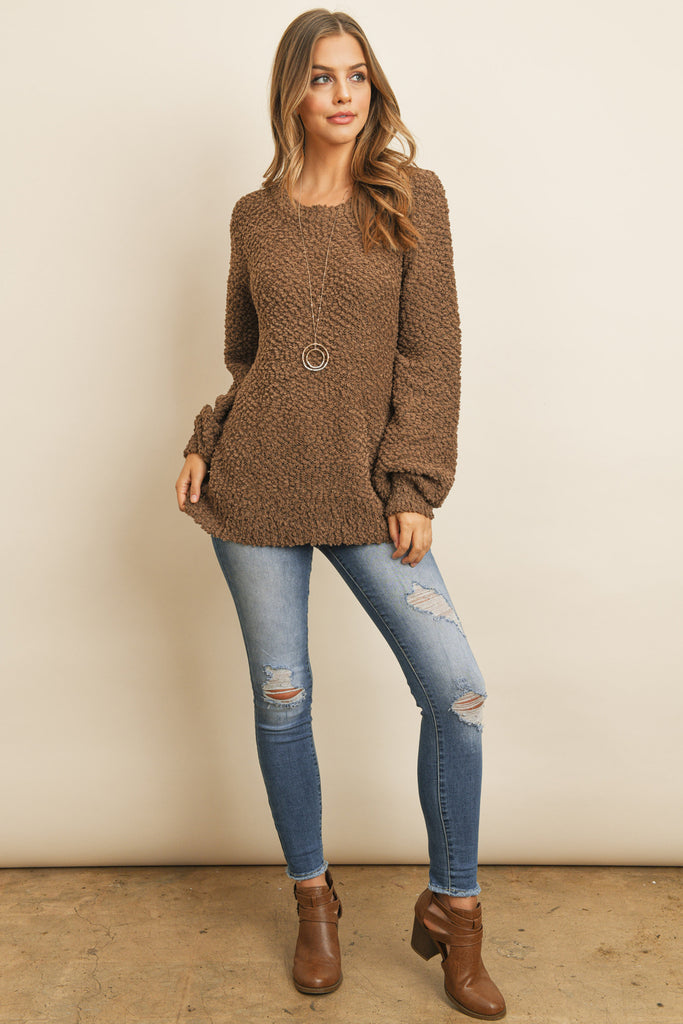 Popcorn Balloon Sleeve Pullover Sweater