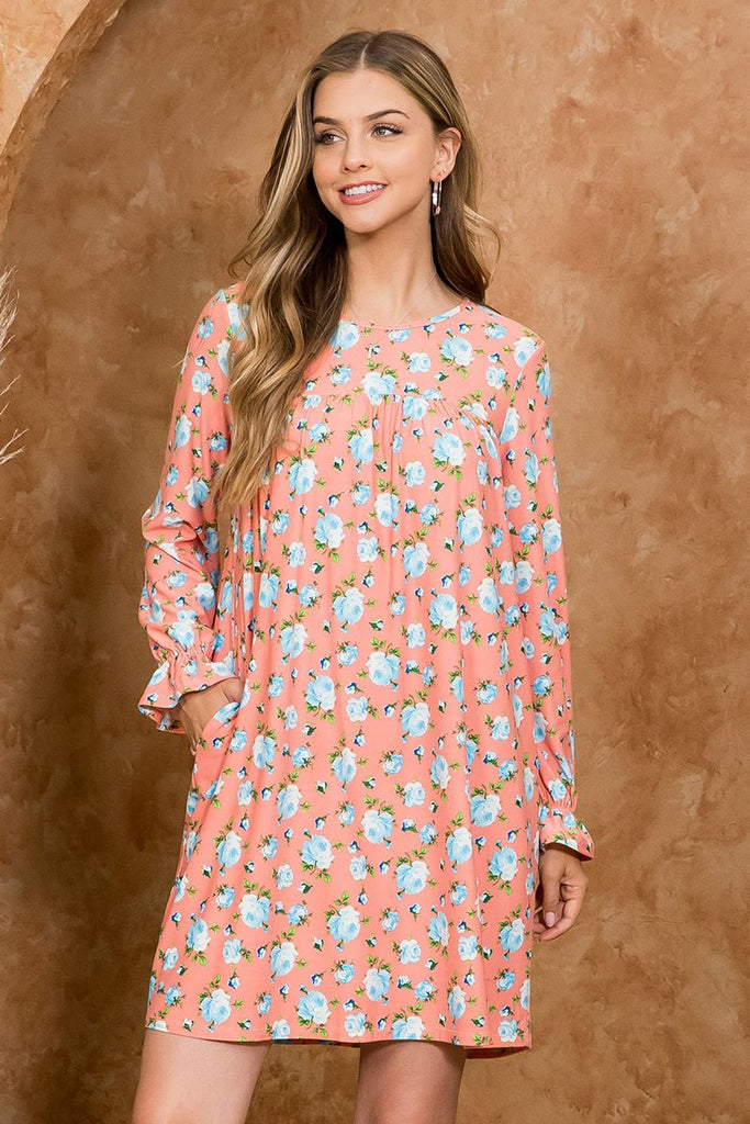 Ruffle Long Sleeve Shirring Detail Floral Dress