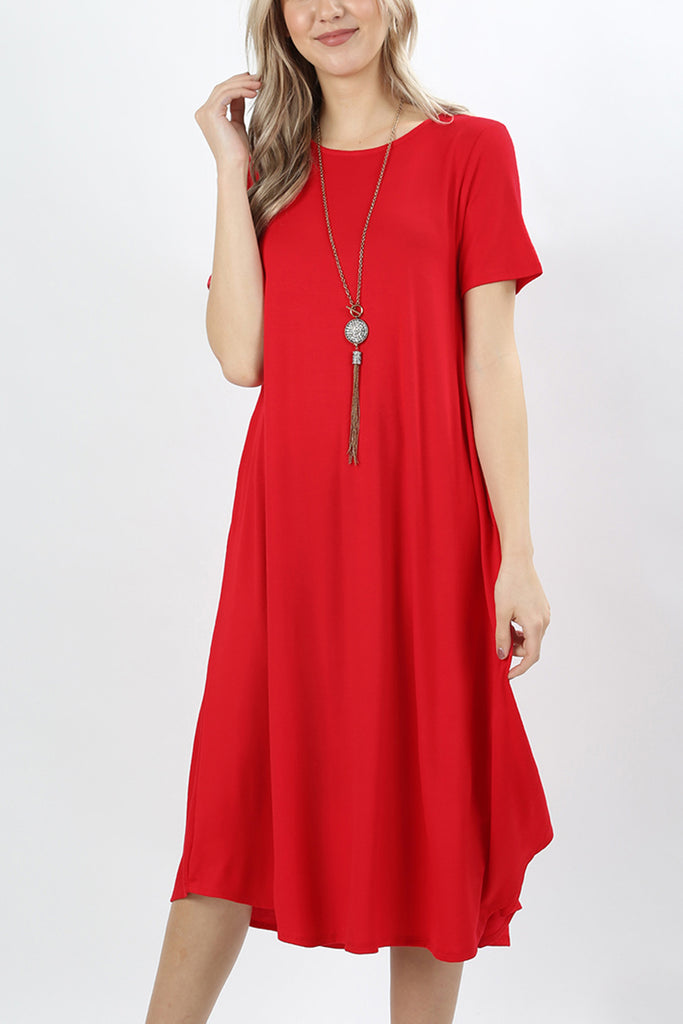 Short Sleeve Viscose Round Neck Pocket Dress
