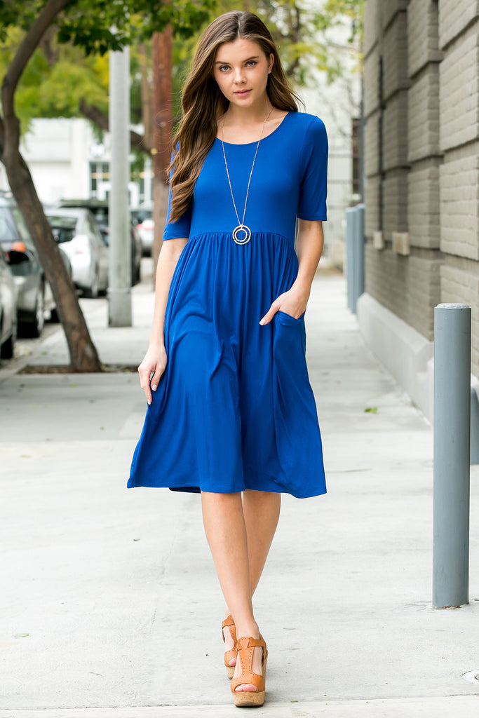 Short Sleeved Empire Waist Pocket Dress