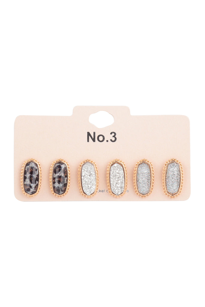 OVAL GLITTER EPOXY 3 PAIR STUD EARRINGS