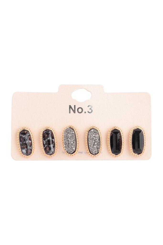 OVAL GLITTER EPOXY 3 PAIR STUD EARRINGS