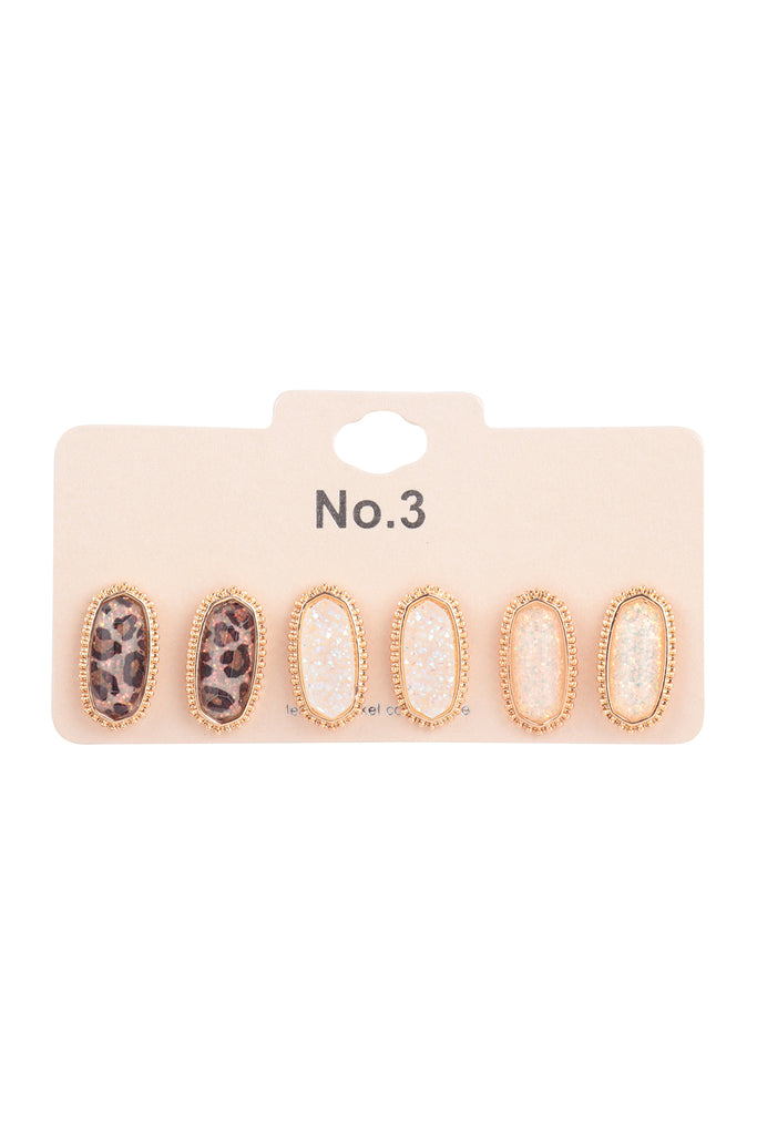OVAL GLITTER EPOXY 3 PAIR STUD EARRINGS