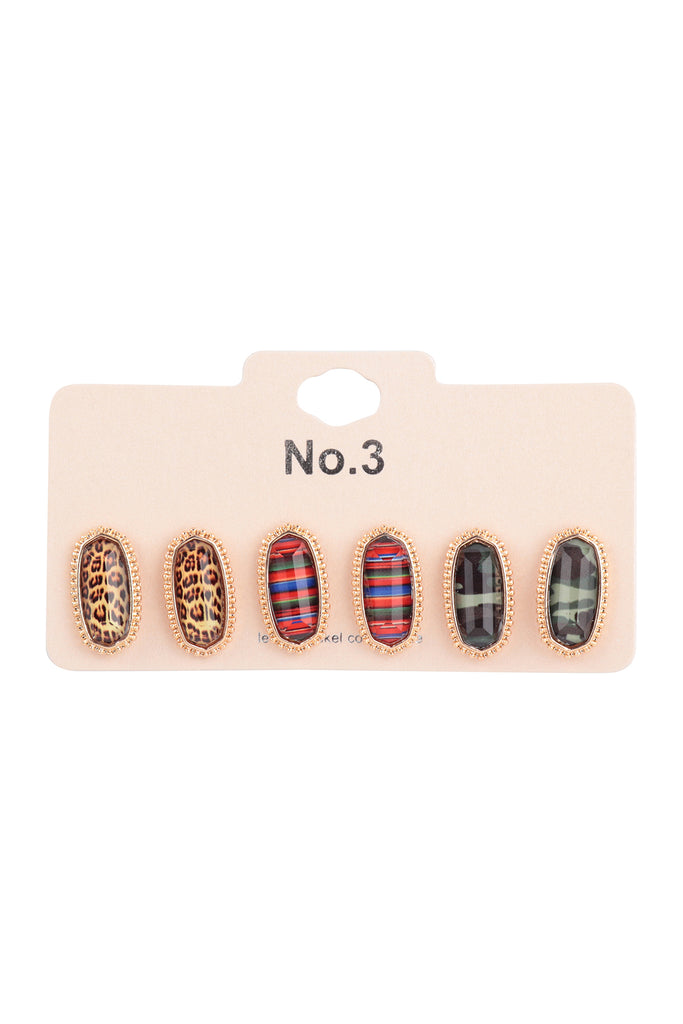 OVAL GLITTER EPOXY 3 PAIR STUD EARRINGS