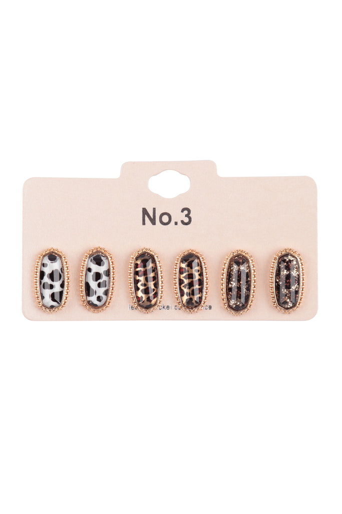 OVAL GLITTER EPOXY 3 PAIR STUD EARRINGS