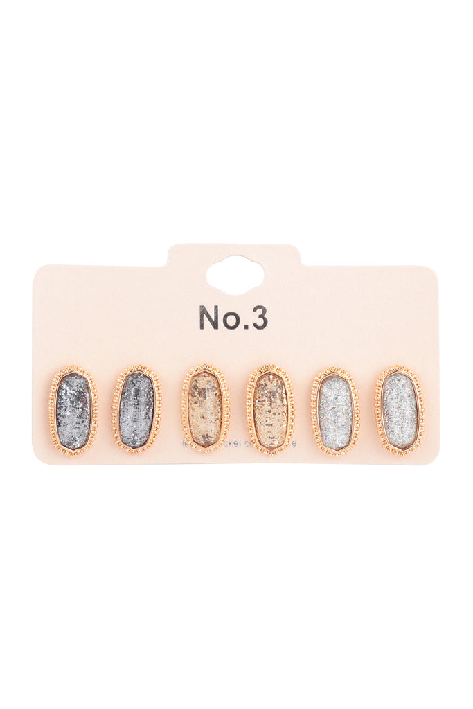 OVAL GLITTER EPOXY 3 PAIR STUD EARRINGS