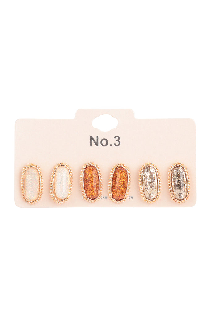 OVAL GLITTER EPOXY 3 PAIR STUD EARRINGS