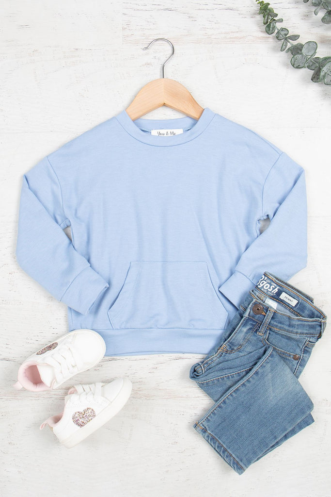 Kids Solid French Terry Long Sleeve Top With Kangaroo Pocket