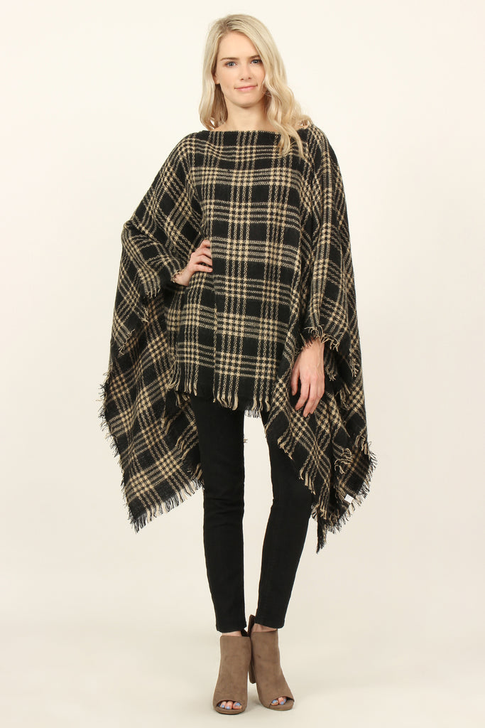 Plaid Fringe Hem Poncho