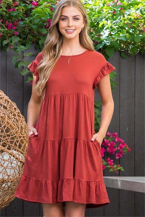 Ruffle Short Sleeve Tiered Solid Dress