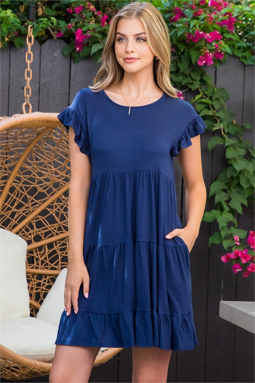 Ruffle Short Sleeve Tiered Solid Dress