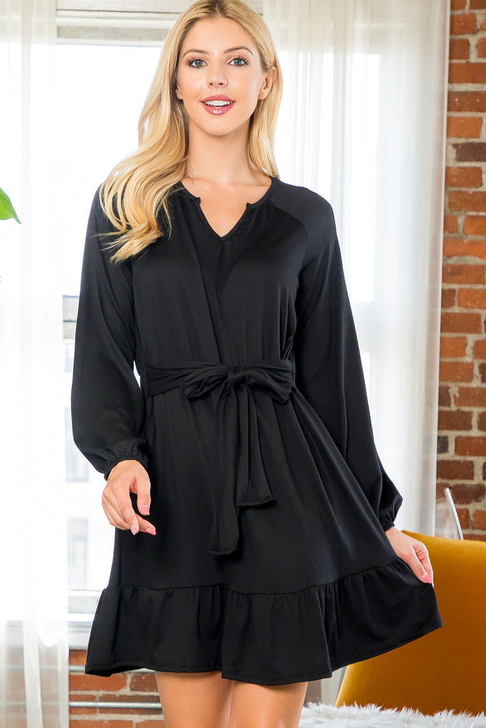 V-Neck Ruffled Hem Solid Dress