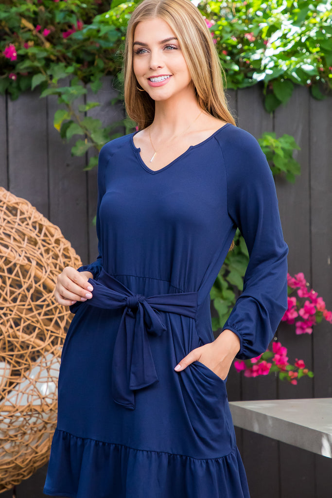 V-Neck Ruffled Hem Solid Dress