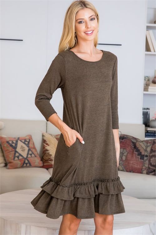 Quarter Sleeve Ruffle Hem Detail Dress