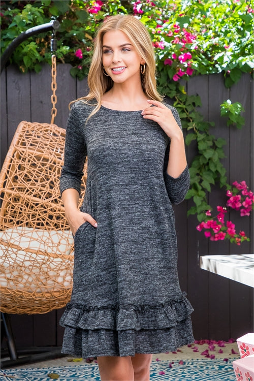 Quarter Sleeve Ruffle Hem Detail Dress