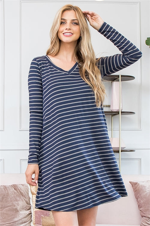 V-Neck Long Sleeve Stripe Tunic Dress