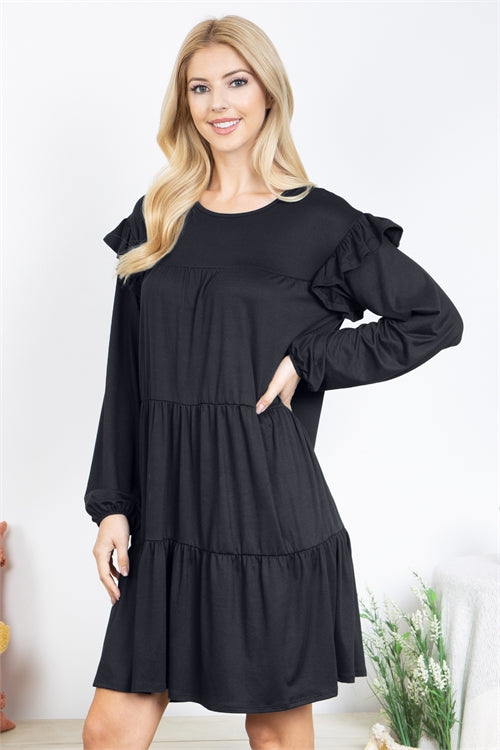 Long Sleeve Ruffle Detail Solid Dress