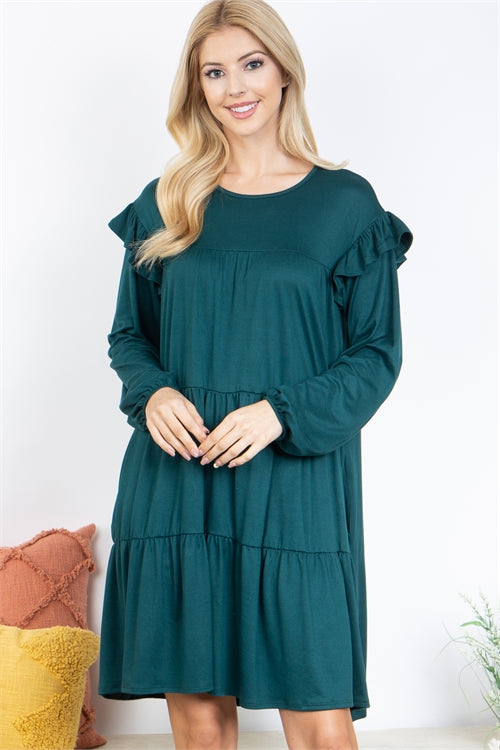 Long Sleeve Ruffle Detail Solid Dress