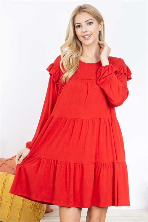 Long Sleeve Ruffle Detail Solid Dress