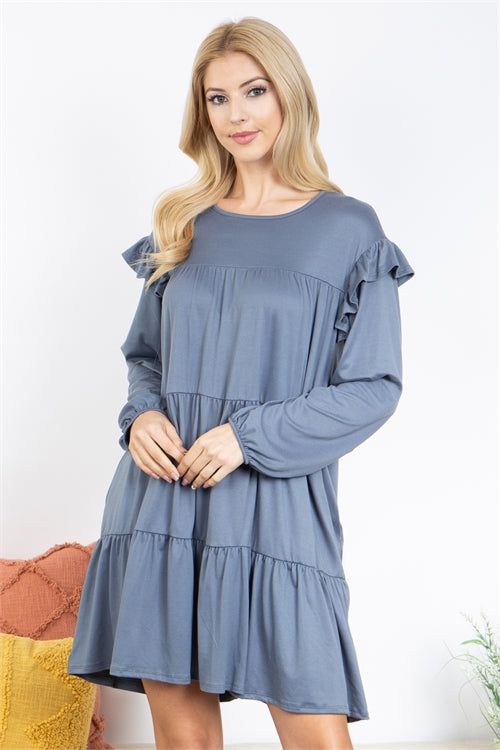 Long Sleeve Ruffle Detail Solid Dress