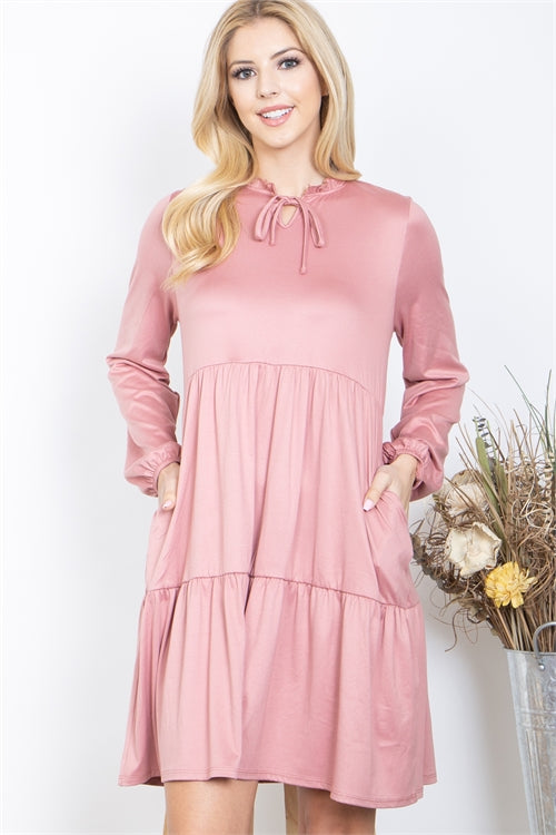 Fold Frill Ribbon Neckline Long Sleeve Solid Dress